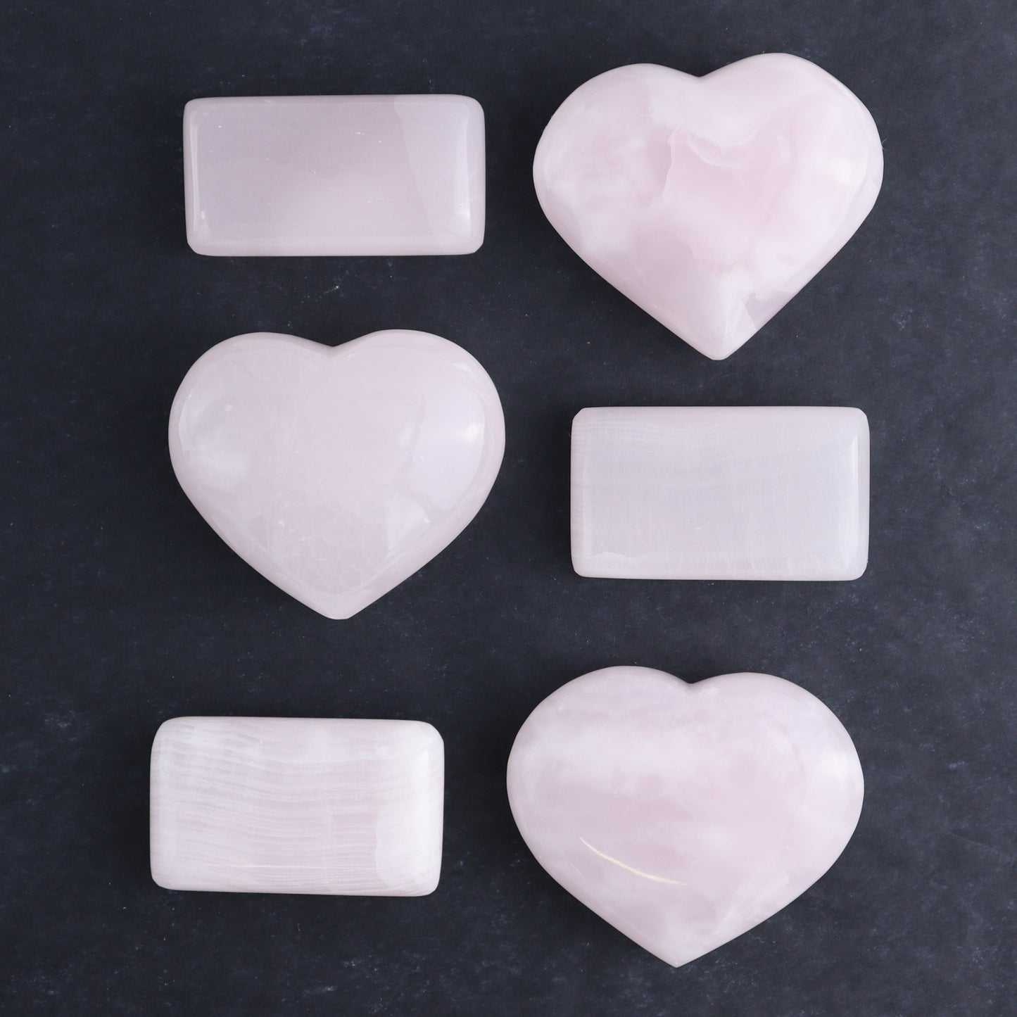 Pink Mangano Calcite Rectangles and Hearts Set of 6 - Expert Wholesale and Supplier of Wholesale Crystals & Bulk Gemstones, ["Calcite","Hearts","Madagascar","Pink Calcite","Rectangle"]