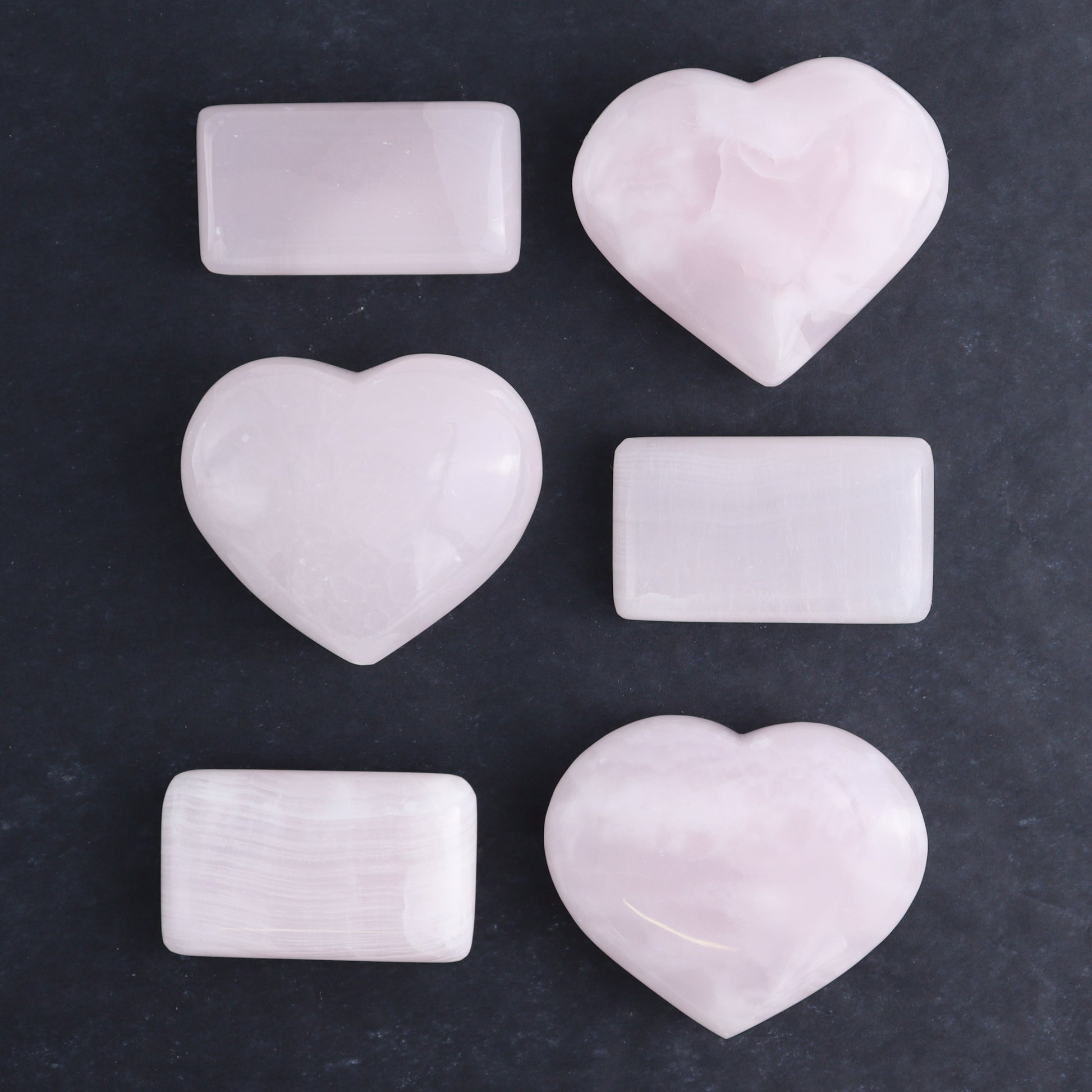 Pink Mangano Calcite Rectangles and Hearts Set of 6 - Expert Wholesale and Supplier of Wholesale Crystals & Bulk Gemstones, ["Calcite","Hearts","Madagascar","Pink Calcite","Rectangle"]