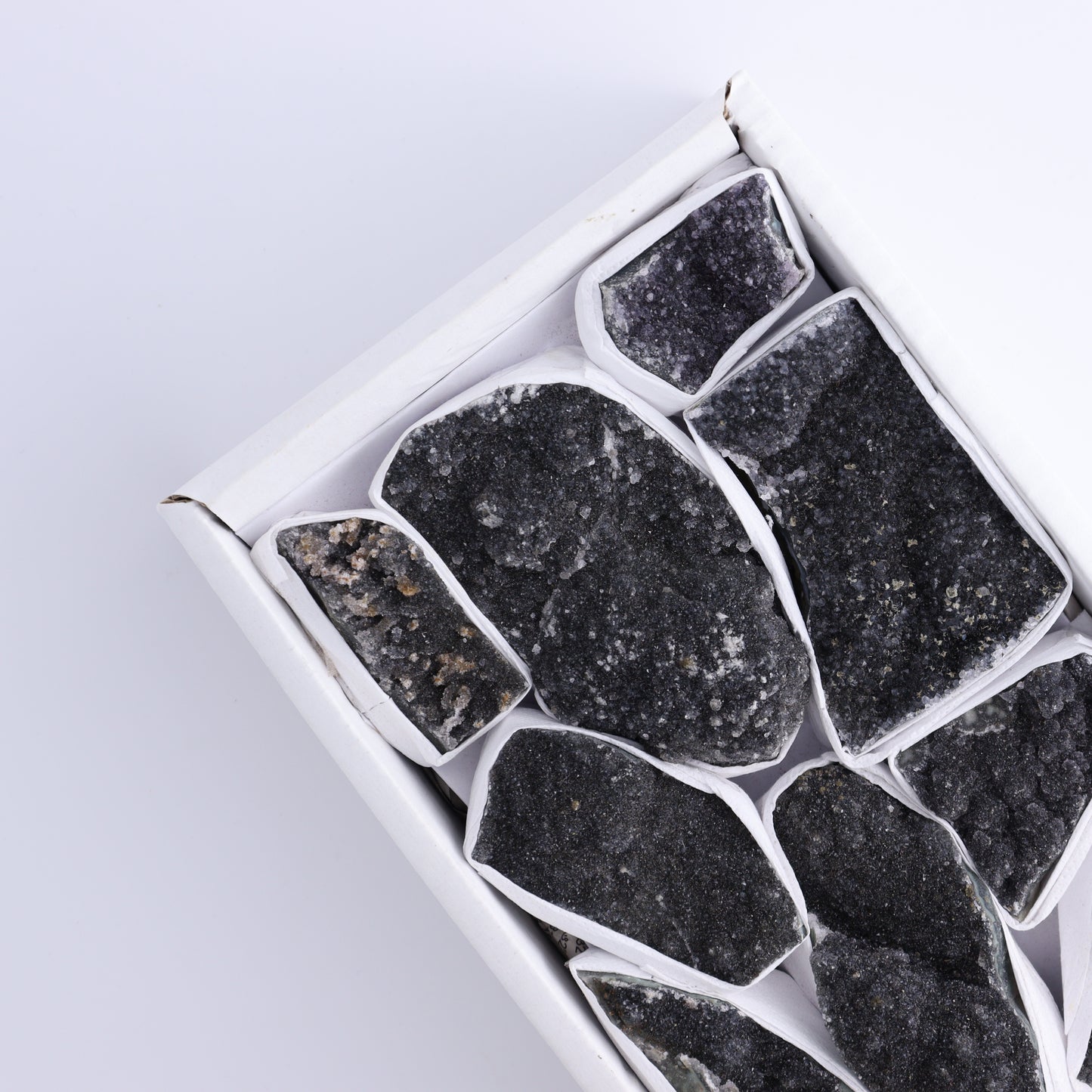 Uruguay Black Amethyst Clusters Flat of 9 - Expert Wholesale and Supplier of Wholesale Crystals & Bulk Gemstones, ["Amethyst","Black Amethyst","Clusters","Uruguay"]