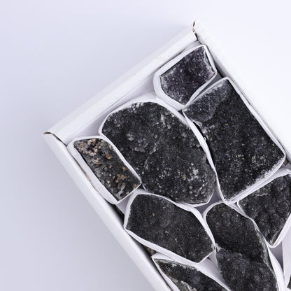 Uruguay Black Amethyst Clusters Flat of 9 - Expert Wholesale and Supplier of Wholesale Crystals & Bulk Gemstones, ["Amethyst","Black Amethyst","Clusters","Uruguay"]