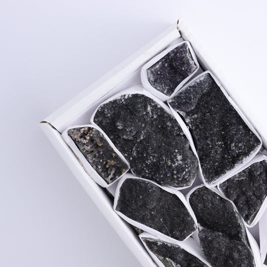 Uruguay Black Amethyst Clusters Flat of 9 - Expert Wholesale and Supplier of Wholesale Crystals & Bulk Gemstones, ["Amethyst","Black Amethyst","Clusters","Uruguay"]