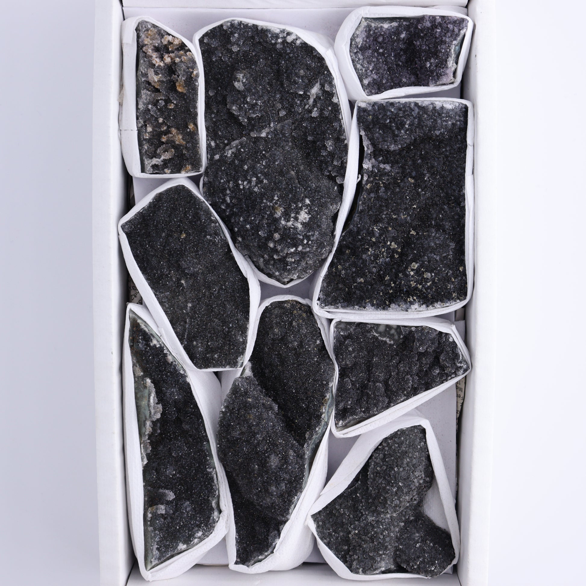 Uruguay Black Amethyst Clusters Flat of 9 - Expert Wholesale and Supplier of Wholesale Crystals & Bulk Gemstones, ["Amethyst","Black Amethyst","Clusters","Uruguay"]