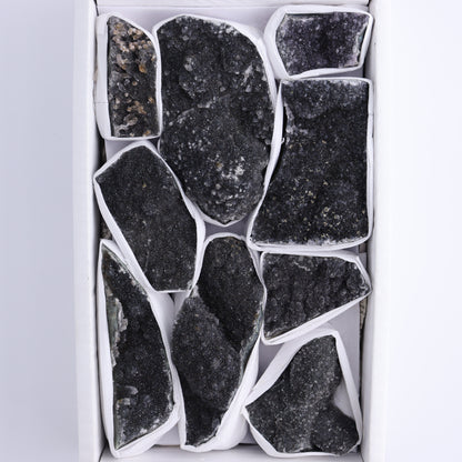Uruguay Black Amethyst Clusters Flat of 9 - Expert Wholesale and Supplier of Wholesale Crystals & Bulk Gemstones, ["Amethyst","Black Amethyst","Clusters","Uruguay"]