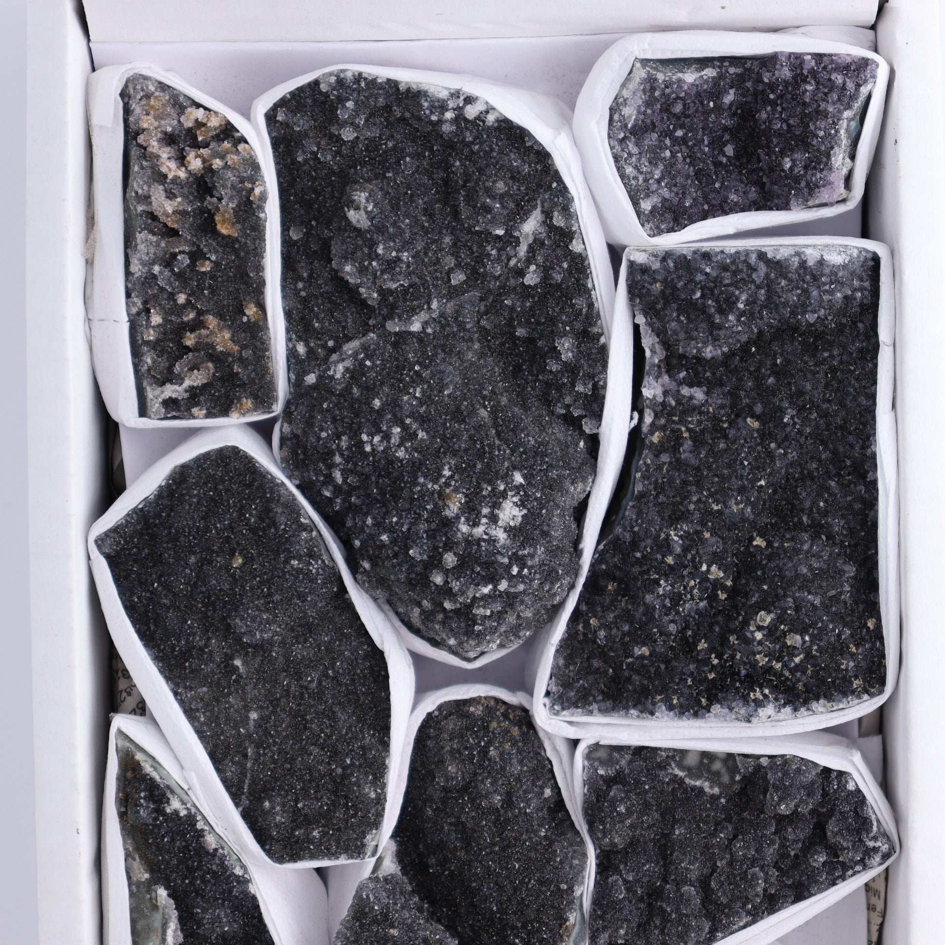Uruguay Black Amethyst Clusters Flat of 9 - Expert Wholesale and Supplier of Wholesale Crystals & Bulk Gemstones, ["Amethyst","Black Amethyst","Clusters","Uruguay"]