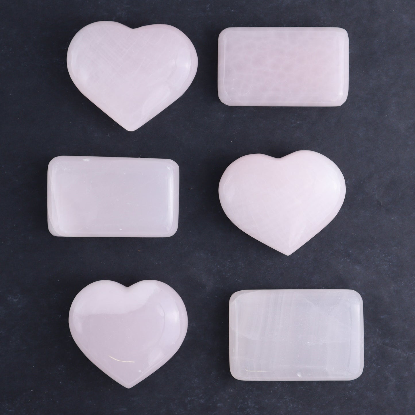 Pink Mangano Calcite Rectangles and Hearts Set of 6 - Expert Wholesale and Supplier of Wholesale Crystals & Bulk Gemstones, ["Calcite","Hearts","Madagascar","Pink Calcite","Rectangle"]