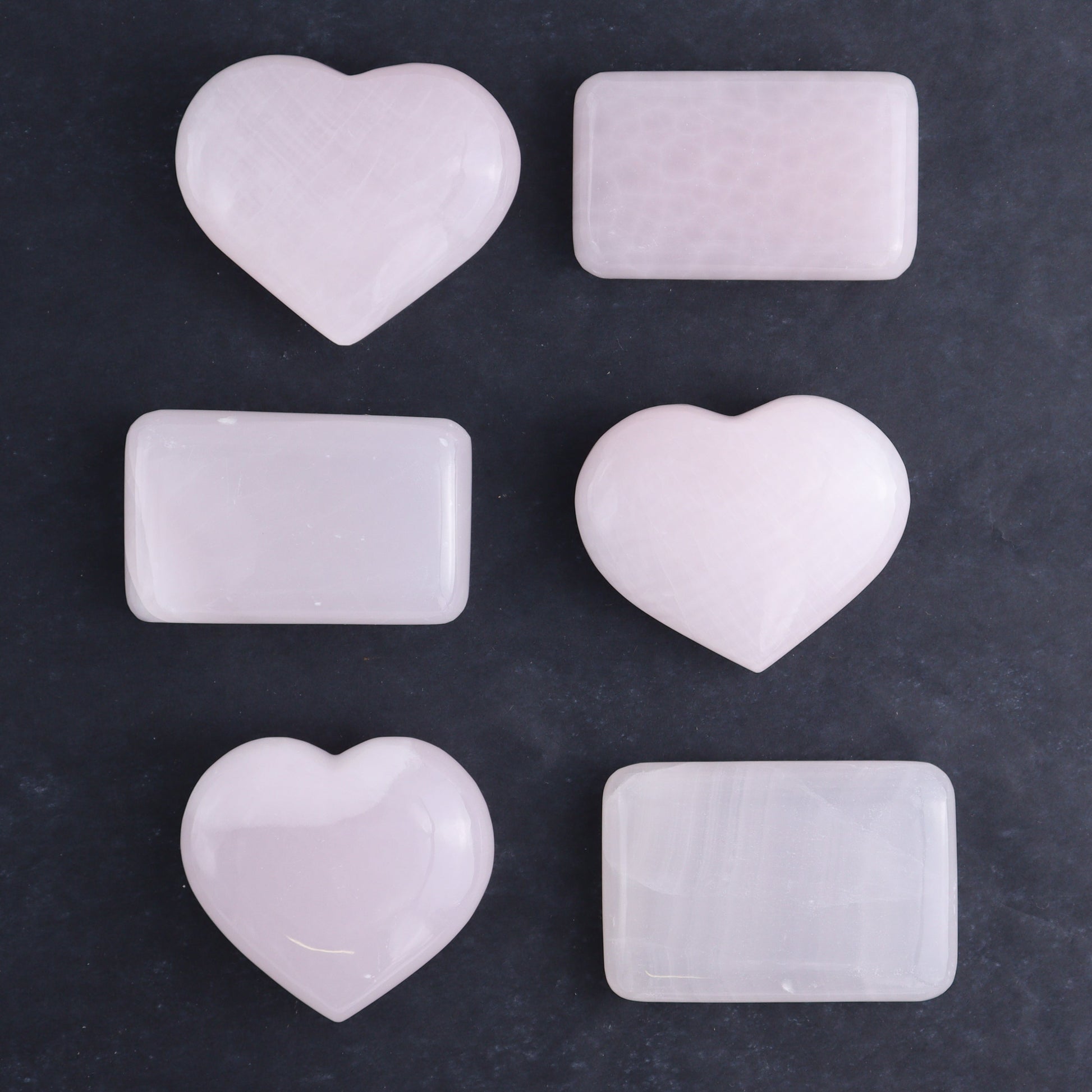 Pink Mangano Calcite Rectangles and Hearts Set of 6 - Expert Wholesale and Supplier of Wholesale Crystals & Bulk Gemstones, ["Calcite","Hearts","Madagascar","Pink Calcite","Rectangle"]