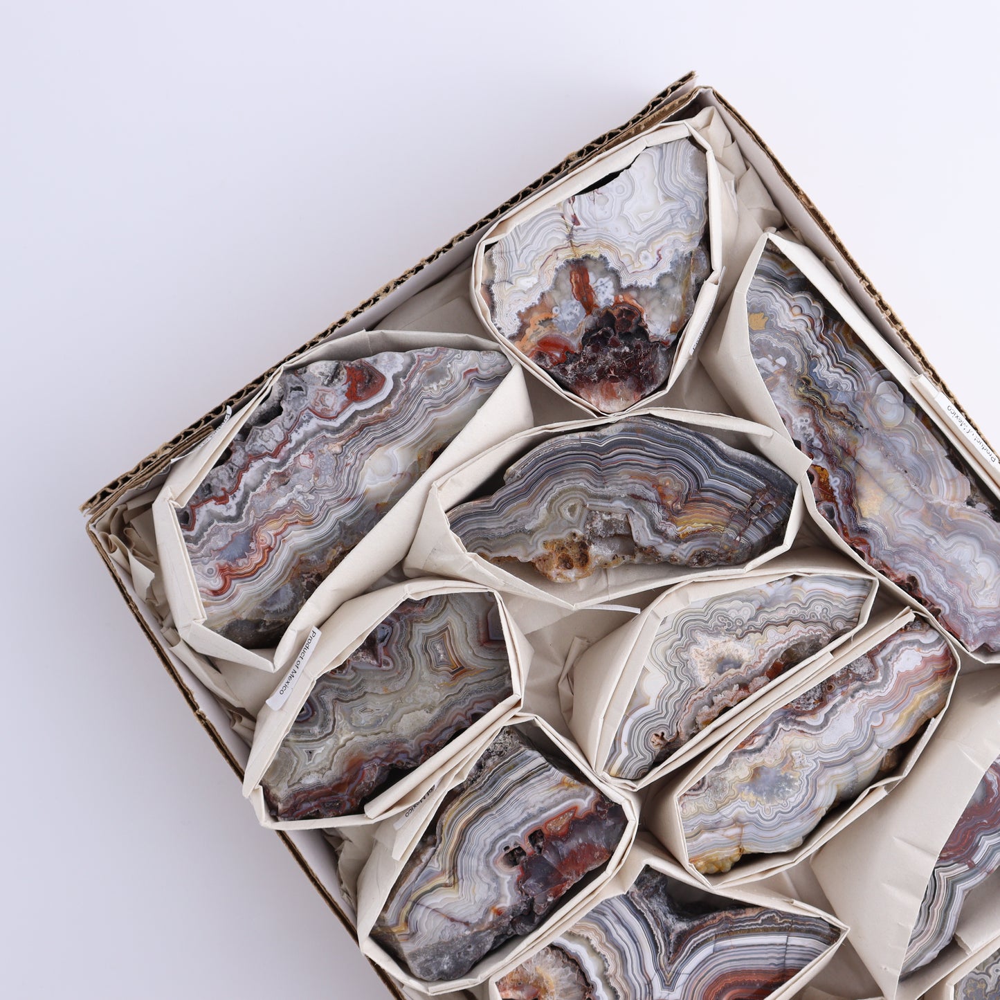 Crazy Lace Agate Flat of 12 - Expert Wholesale and Supplier of Wholesale Crystals & Bulk Gemstones, ["Crazy Lace Agate","Mexico"]