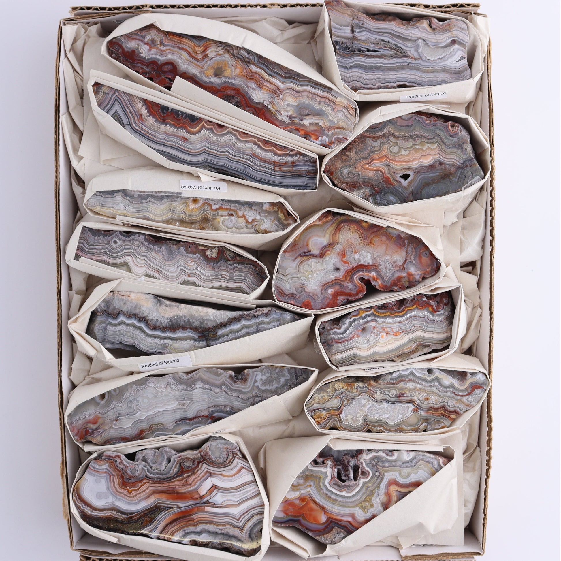 Crazy Lace Agate Flat of 13 - Expert Wholesale and Supplier of Wholesale Crystals & Bulk Gemstones, ["Crazy Lace Agate","Mexico"]