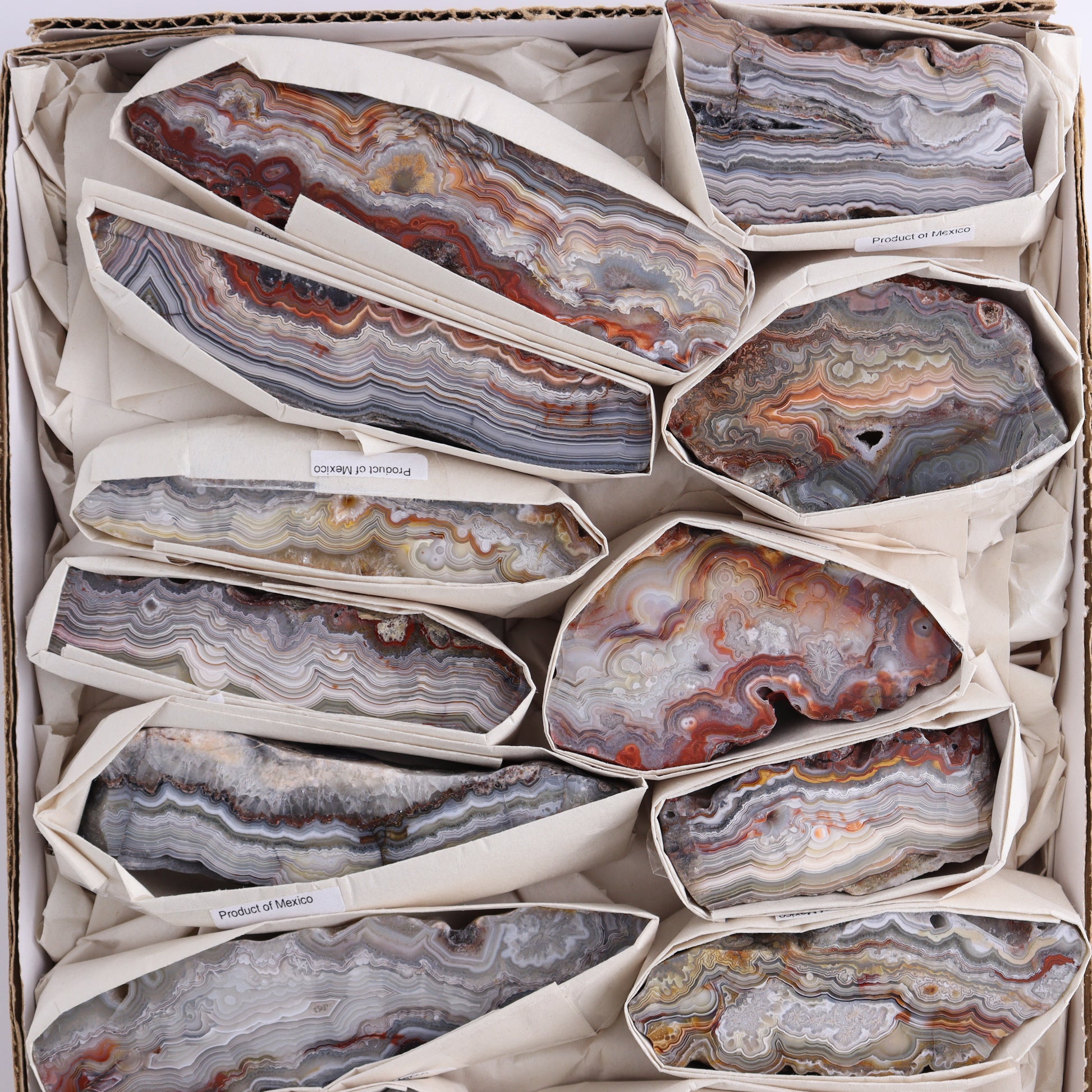 Crazy Lace Agate Flat of 13 - Expert Wholesale and Supplier of Wholesale Crystals & Bulk Gemstones, ["Crazy Lace Agate","Mexico"]