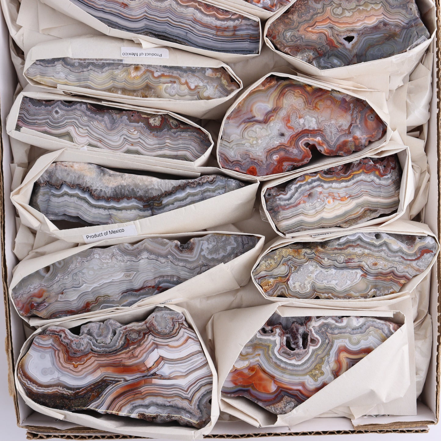 Crazy Lace Agate Flat of 13 - Expert Wholesale and Supplier of Wholesale Crystals & Bulk Gemstones, ["Crazy Lace Agate","Mexico"]
