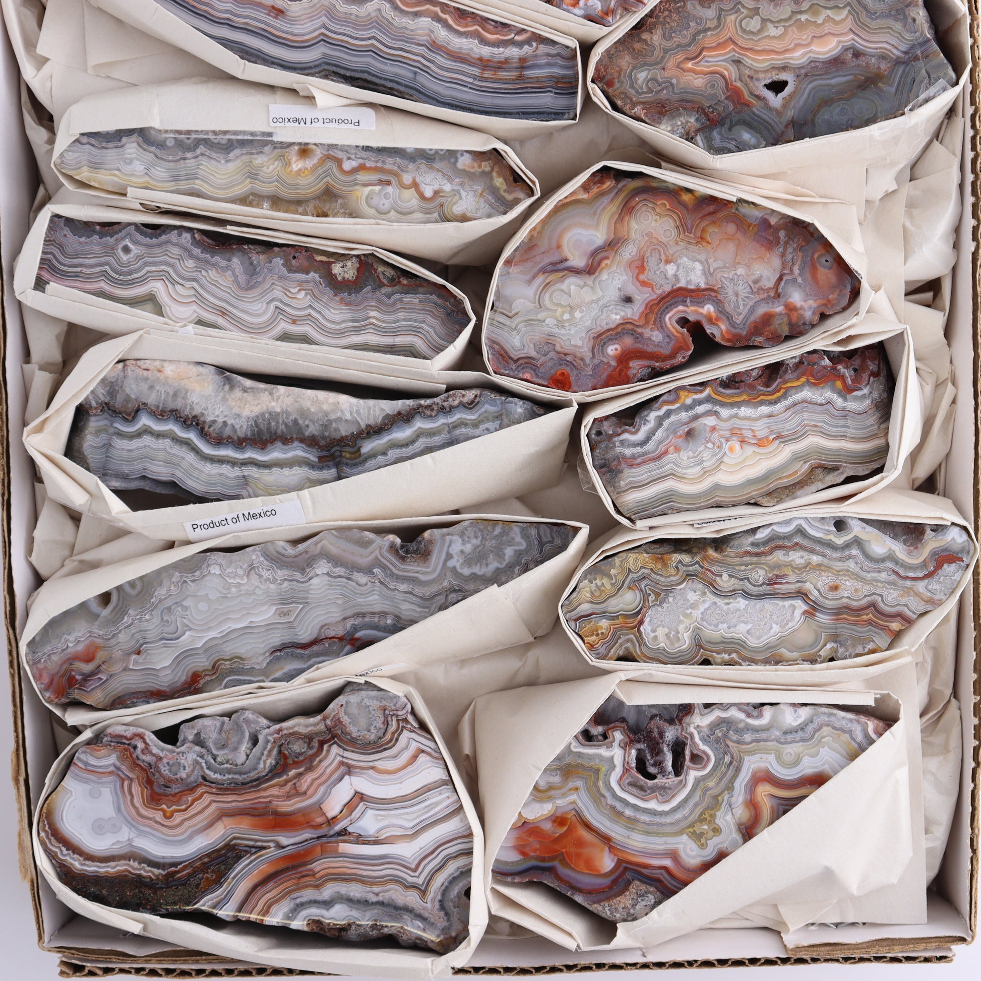Crazy Lace Agate Flat of 13 - Expert Wholesale and Supplier of Wholesale Crystals & Bulk Gemstones, ["Crazy Lace Agate","Mexico"]