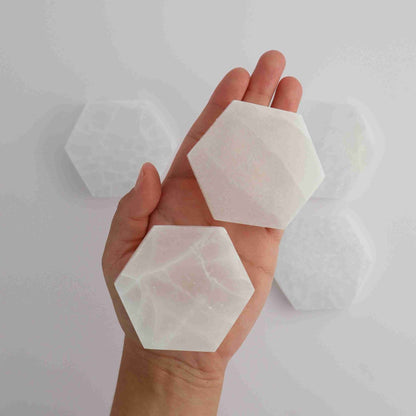 ONE Selenite/Satin Spar 7cm Hexagon Plate - Expert Vendor of Wholesale Crystals