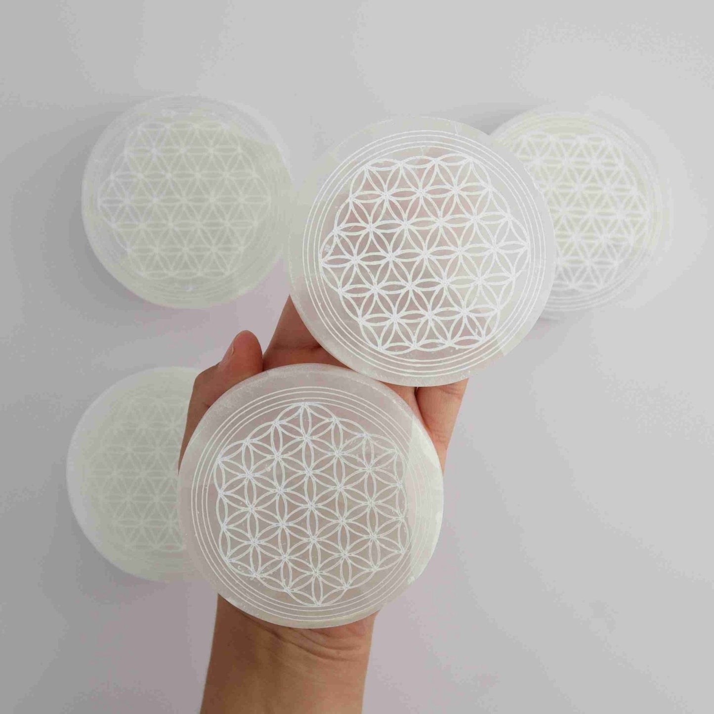 ONE Selenite/Satin Spar Flower of Life Round Plate - Expert Supplier of Wholesale Crystals & Bulk Gemstones