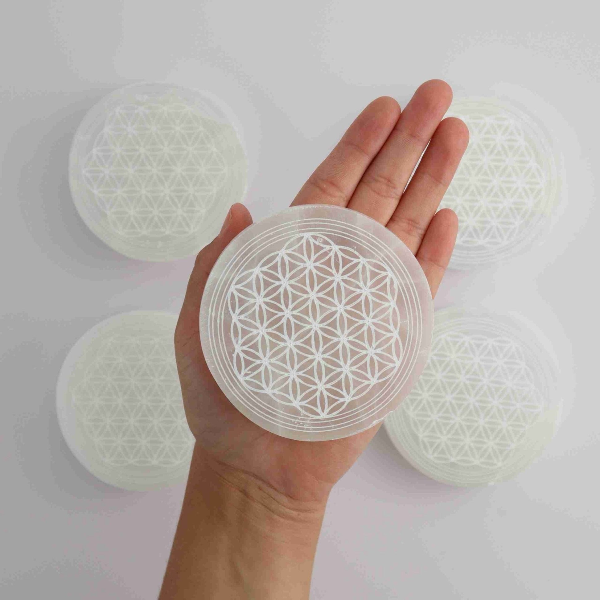 ONE Selenite/Satin Spar Flower of Life Round Plate - Expert Supplier of Wholesale Crystals & Bulk Gemstones