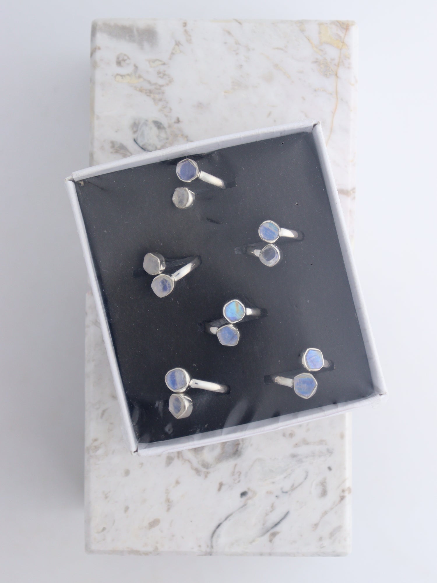 Rainbow Moonstone Adjustable Rings Box of 6 - Mi Esperanza Minerals