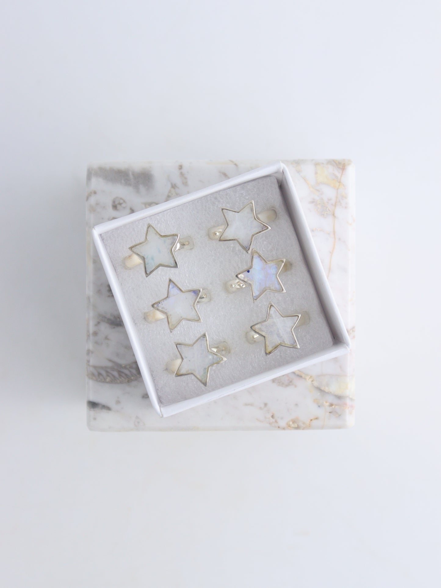 Rainbow Moonstone Adjustable Rings Box of 6 - Expert Wholesale and Supplier of Wholesale Crystals & Bulk Gemstones, ["Jewelry","Rainbow Moonstone","Ring","rings"]